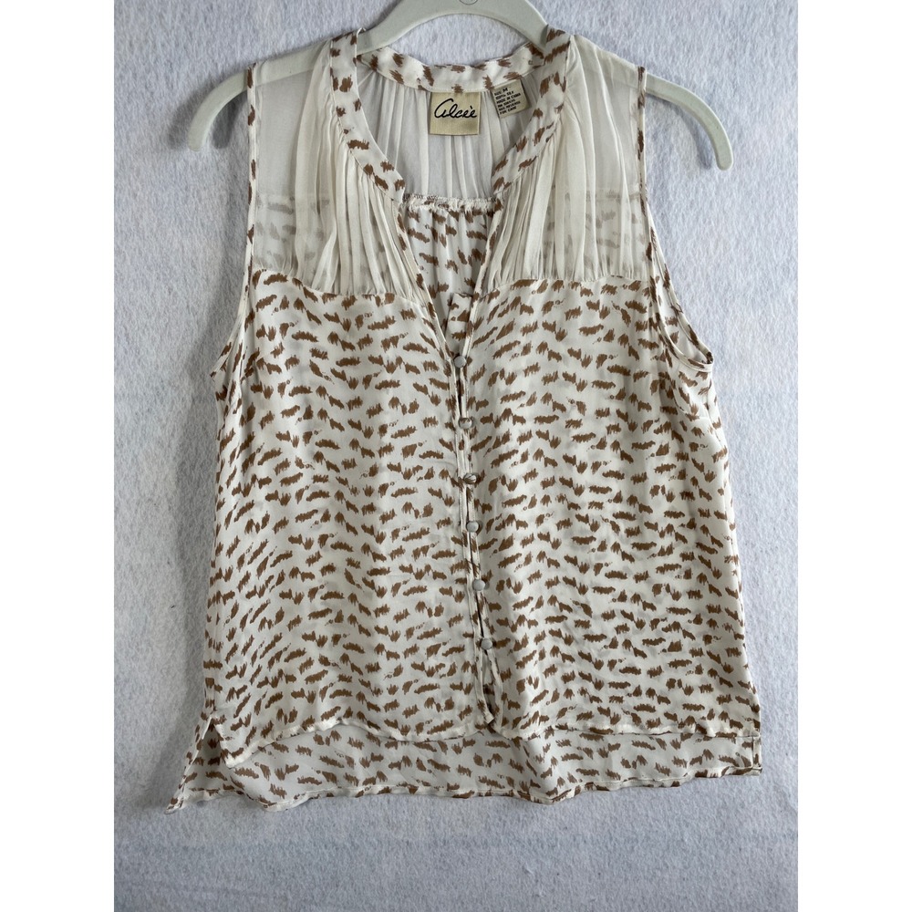 Alcee‎ Womens 100% Silk Sleeveless Blouse White Brown Abstract Print Size M